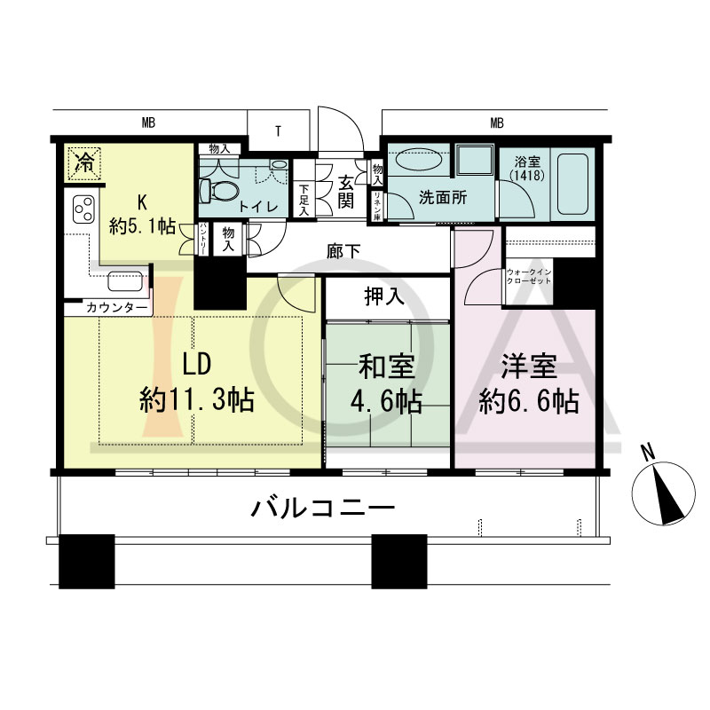 The Kitahama(ザ キタハマ)の間取り図 南西向き 2LDK 専有面積67.63m2
バルコニー面積14.05m2