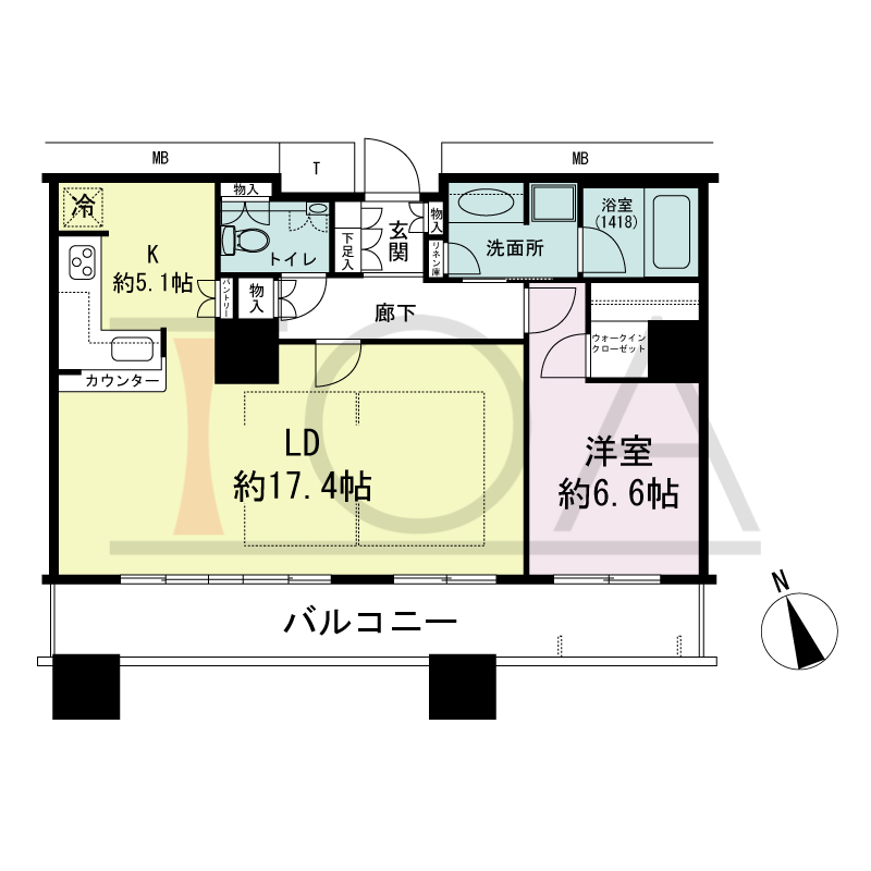 The Kitahama(ザ キタハマ)の間取り図 南西向き 1LDK 専有面積67.63m2
バルコニー面積14.05m2