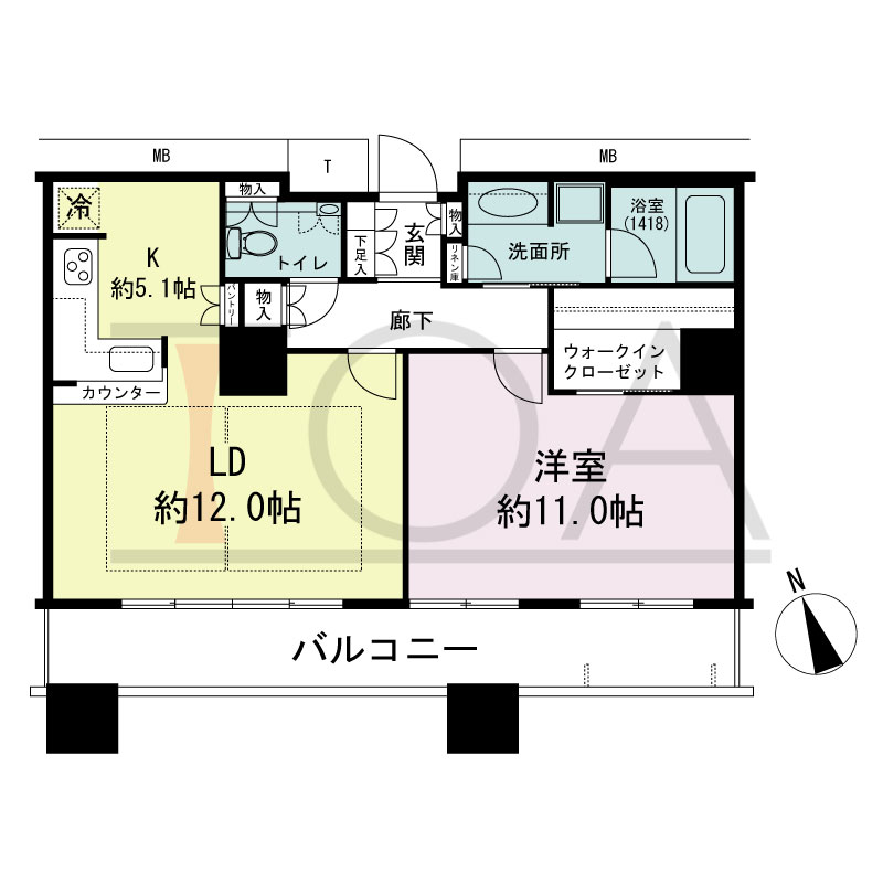 The Kitahama(ザ キタハマ)の間取り図 南西向き 1LDK 専有面積67.63m2
バルコニー面積14.05m2