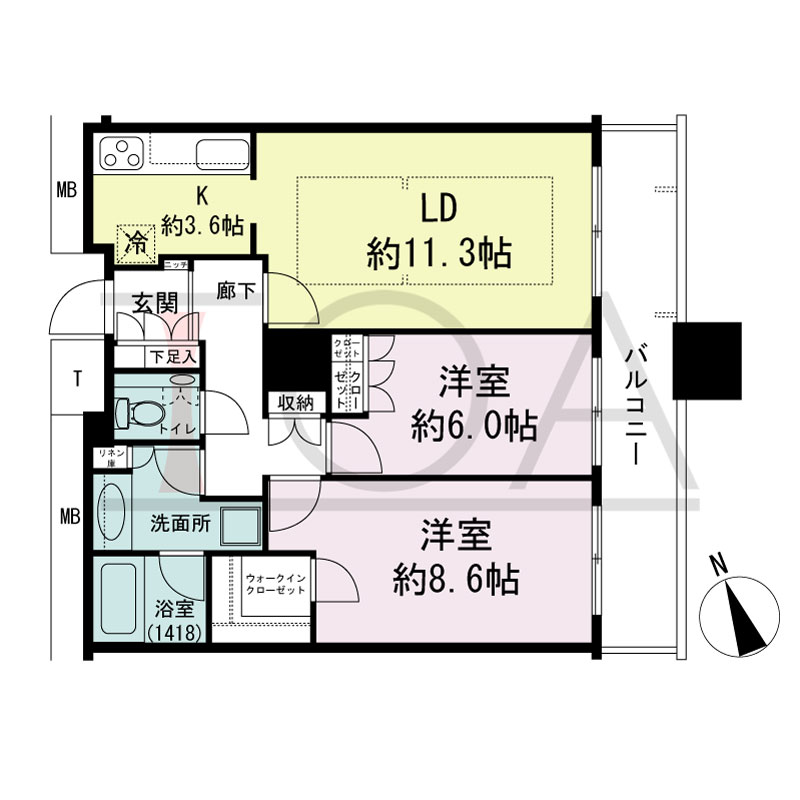 The Kitahama(ザ キタハマ)の間取り図 南東向き 2LDK 専有面積70.08m2
バルコニー面積11.34m2