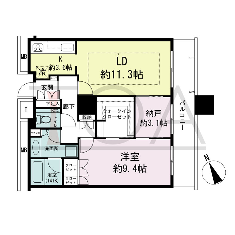 The Kitahama(ザ キタハマ)の間取り図 南東向き 1LDK+DEN 専有面積70.08m2
バルコニー面積11.34m2