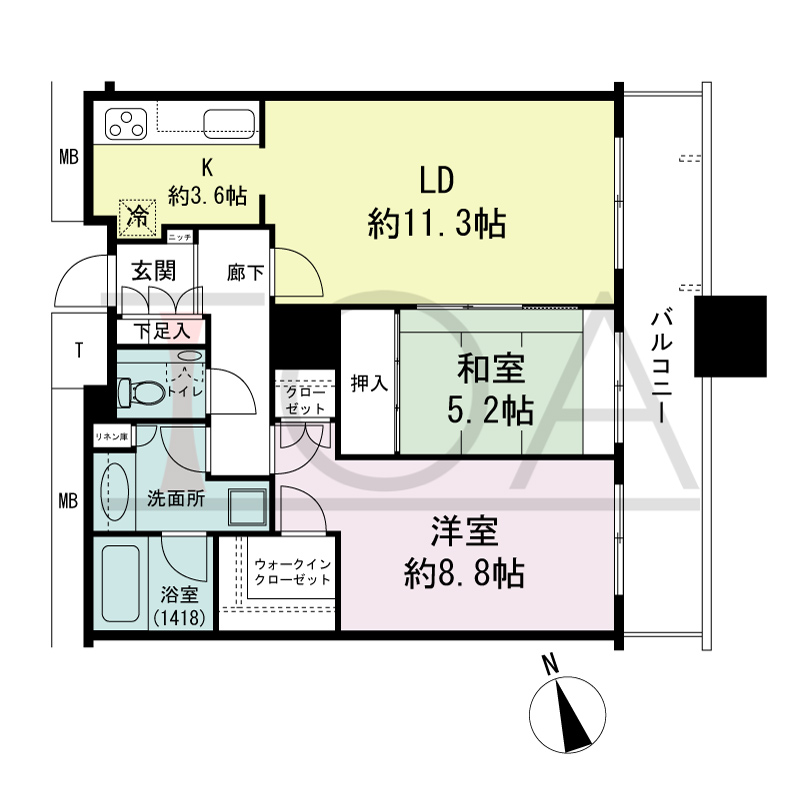 The Kitahama(ザ キタハマ)の間取り図 南東向き 2LDK 専有面積70.08m2
バルコニー面積11.34m2