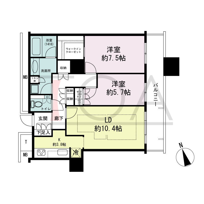 The Kitahama(ザ キタハマ)の間取り図 南東向き 2LDK 専有面積70.12m2
バルコニー面積11.01m2