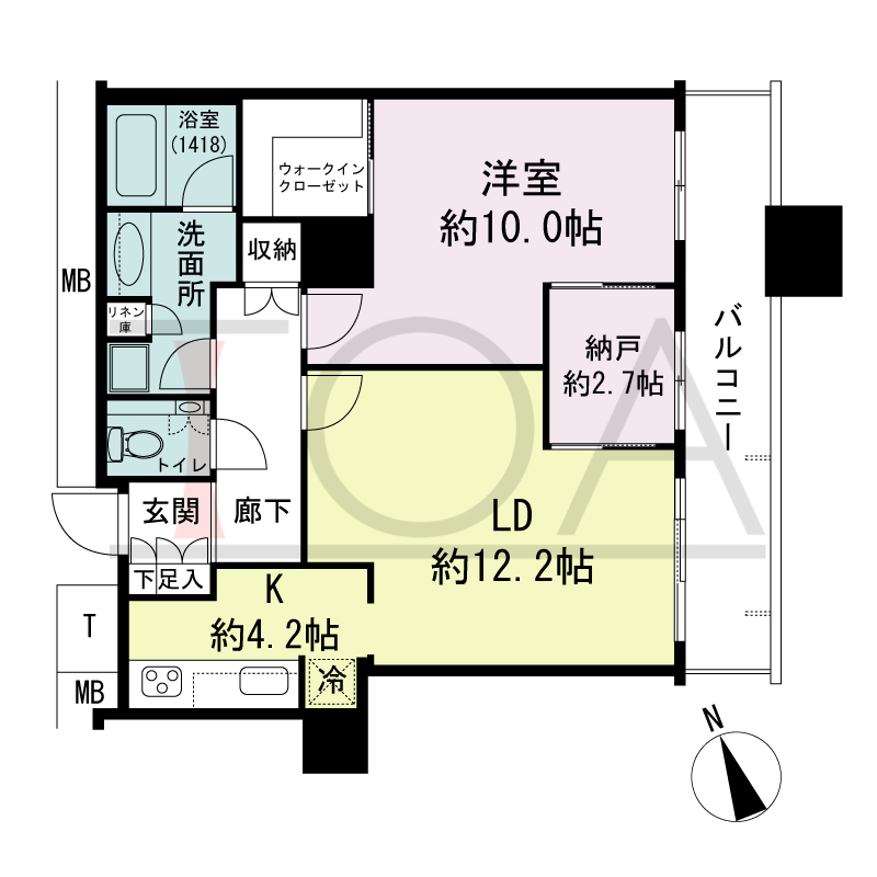 The Kitahama(ザ キタハマ)の間取り図 南東向き 1LDK+DEN 専有面積70.12m2
バルコニー面積11.01m2