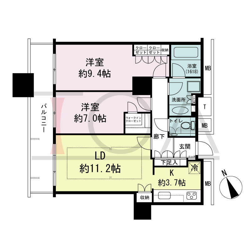 The Kitahama(ザ キタハマ)の間取り図 北西向き 2LDK 専有面積71.05m2
バルコニー面積11.18m2