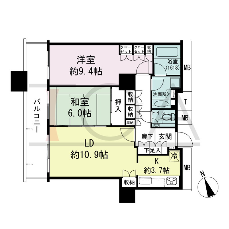 The Kitahama(ザ キタハマ)の間取り図 北西向き 2LDK 専有面積71.05m2
バルコニー面積11.18m2