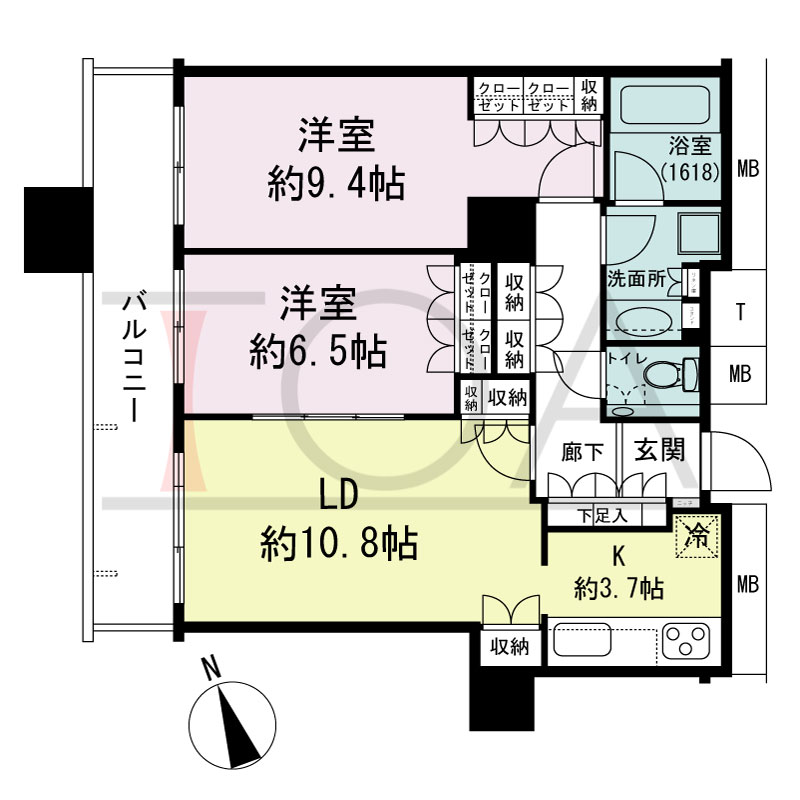 The Kitahama(ザ キタハマ)の間取り図 北西向き 2LDK 専有面積71.05m2
バルコニー面積11.18m2