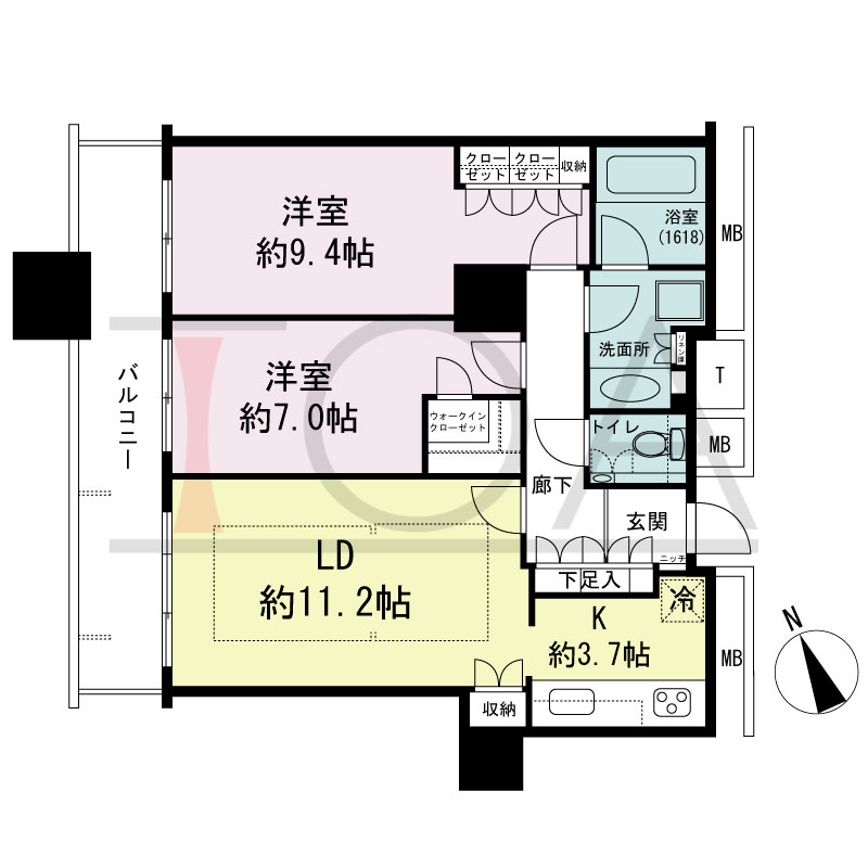 The Kitahama(ザ キタハマ)の間取り図 北西向き 2LDK 専有面積71.05m2
バルコニー面積11.18m2