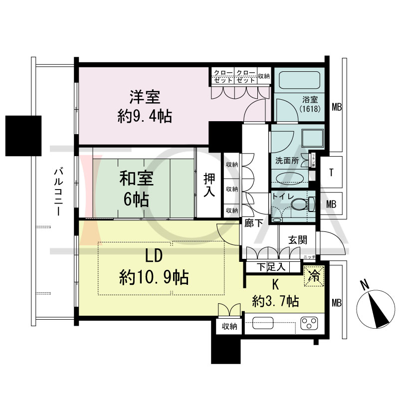 The Kitahama(ザ キタハマ)の間取り図 北西向き 2LDK 専有面積71.05m2
バルコニー面積11.18m2