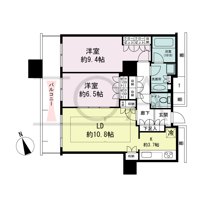 The Kitahama(ザ キタハマ)の間取り図 北西向き 2LDK 専有面積71.05m2
バルコニー面積11.18m2