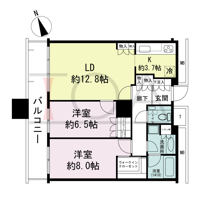 The Kitahama(ザ キタハマ)の間取り図 北西向き 2LDK 専有面積73.38m2
バルコニー面積11.87m2