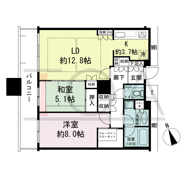 The Kitahama(ザ キタハマ)の間取り図 北西向き 2LDK 専有面積73.38m2
バルコニー面積11.87m2