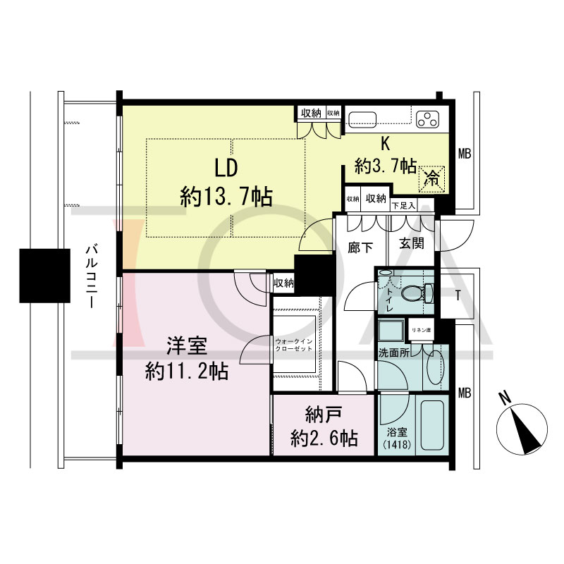 The Kitahama(ザ キタハマ)の間取り図 北西向き 1LDK+Storage room 専有面積73.38m2
バルコニー面積11.87m2