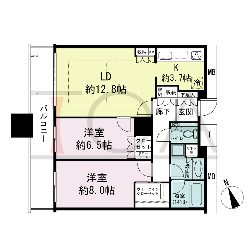 The Kitahama(ザ キタハマ)の間取り図 北西向き 2LDK 専有面積73.38m2
バルコニー面積11.87m2