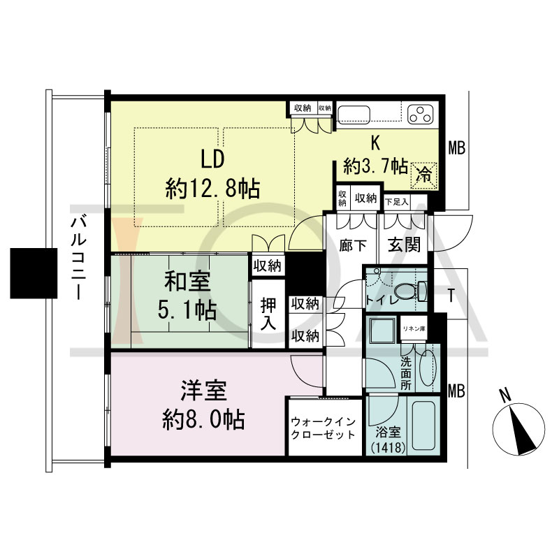 The Kitahama(ザ キタハマ)の間取り図 北西向き 2LDK 専有面積73.38m2
バルコニー面積11.87m2