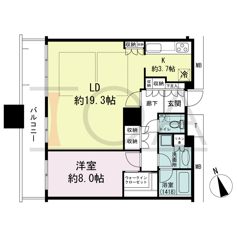 The Kitahama(ザ キタハマ)の間取り図 北西向き 1LDK 専有面積73.38m2
バルコニー面積11.87m2