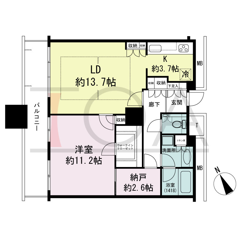 The Kitahama(ザ キタハマ)の間取り図 北西向き 1LDK+Storage room 専有面積73.38m2
バルコニー面積11.87m2