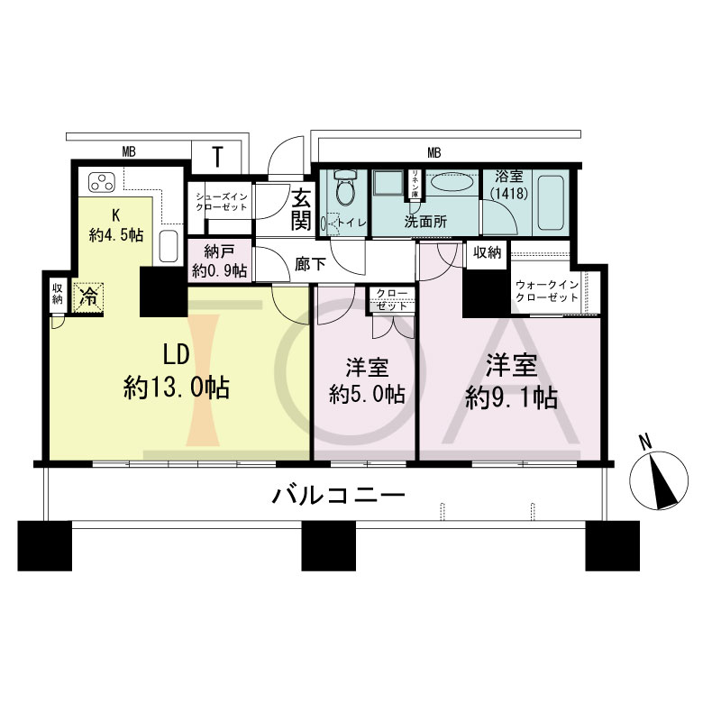 The Kitahama(ザ キタハマ)の間取り図 南西向き 2LDK+Storage room 専有面積75.20m2
バルコニー面積16.28m2