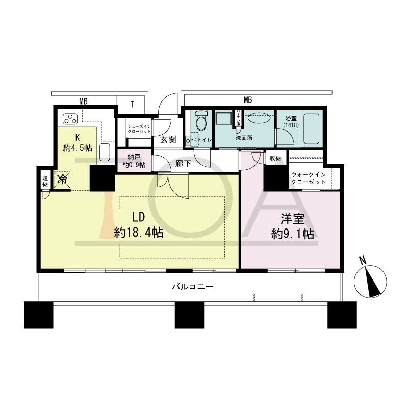 The Kitahama(ザ キタハマ)の間取り図 南西向き 1LDK+Storage room 専有面積75.20m2
バルコニー面積16.28m2