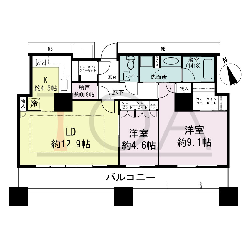 The Kitahama(ザ キタハマ)の間取り図 南西向き 2LDK+Storage room 専有面積75.20m2
バルコニー面積16.28m2