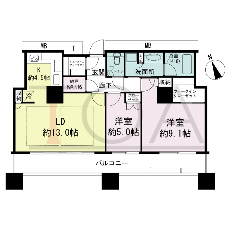 The Kitahama(ザ キタハマ)の間取り図 南西向き 2LDK+Storage room 専有面積75.20m2
バルコニー面積16.28m2