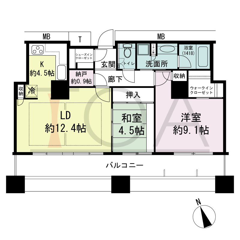 The Kitahama(ザ キタハマ)の間取り図 南西向き 2LDK+Storage room 専有面積75.20m2
バルコニー面積16.28m2