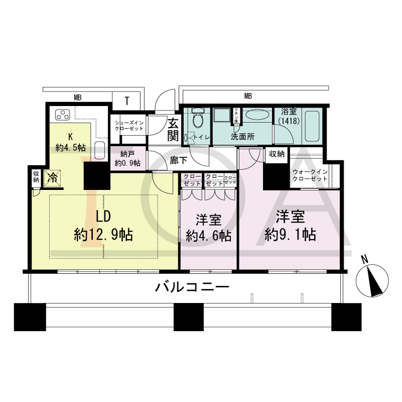 The Kitahama(ザ キタハマ)の間取り図 南西向き 2LDK+Storage room 専有面積75.20m2
バルコニー面積16.28m2