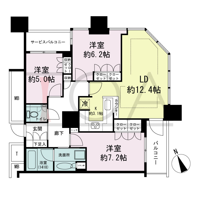 The Kitahama(ザ キタハマ)の間取り図 北東向き角 3LDK 専有面積78.44m2
バルコニー面積4.62m2
サービスバルコニー面積2.67m2
