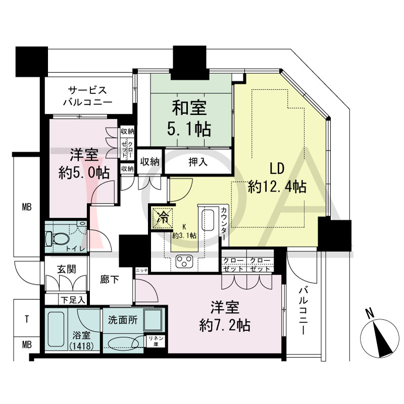 The Kitahama(ザ キタハマ)の間取り図 北東向き角 3LDK 専有面積78.44m2
バルコニー面積4.62m2
サービスバルコニー面積2.67m2