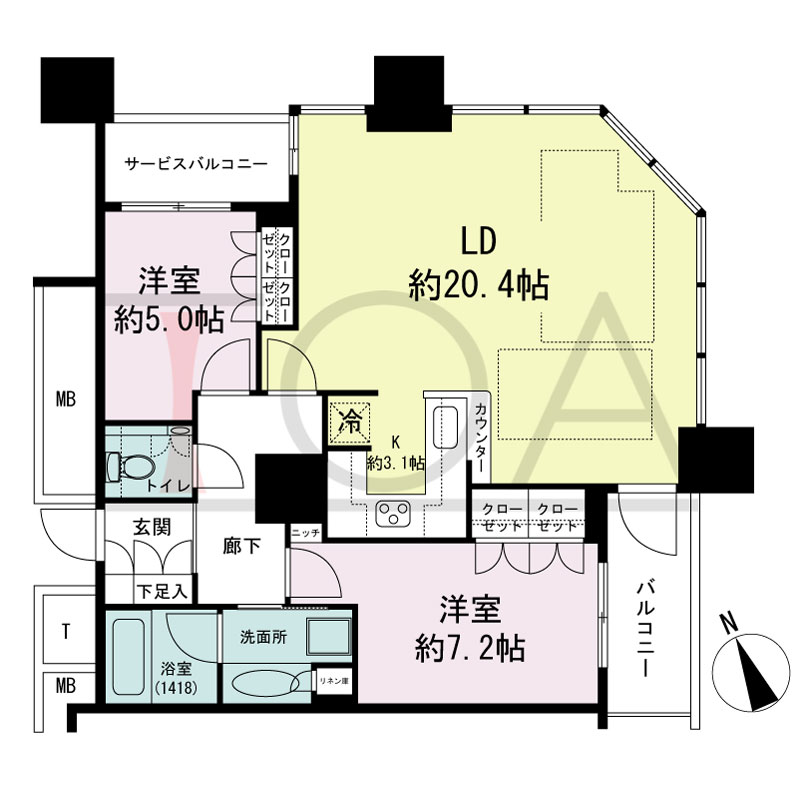 The Kitahama(ザ キタハマ)の間取り図 北東向き角 2LDK 専有面積78.44m2
バルコニー面積4.62m2
サービスバルコニー面積2.67m2