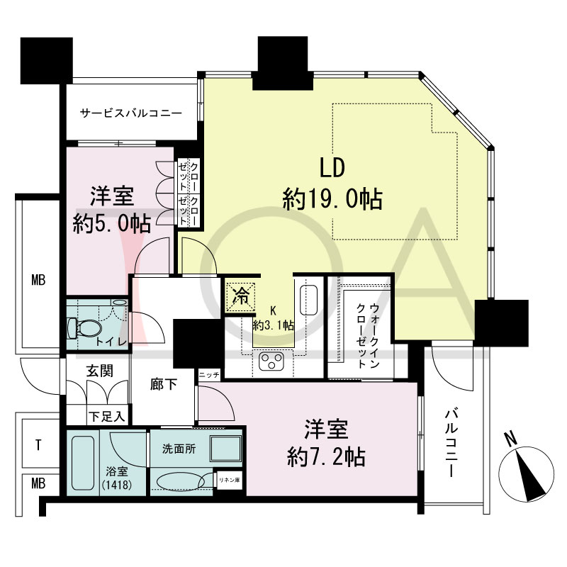 The Kitahama(ザ キタハマ)の間取り図 北東向き角 2LDK 専有面積78.44m2
バルコニー面積4.62m2
サービスバルコニー面積2.67m2