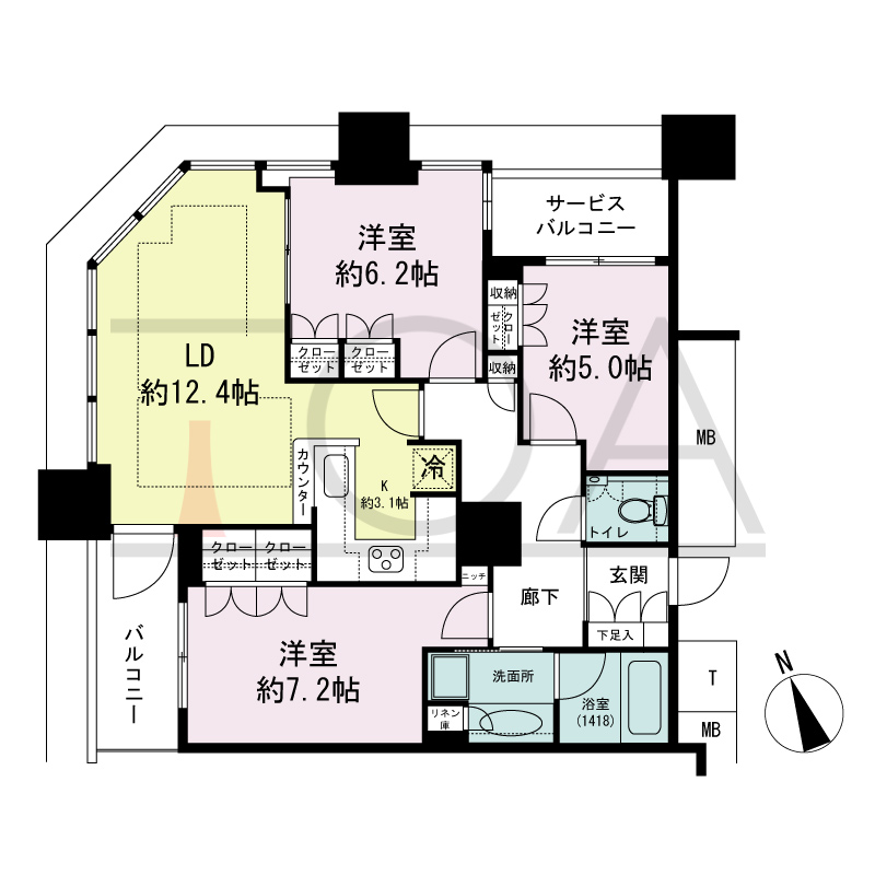 The Kitahama(ザ キタハマ)の間取り図 北西向き角 3LDK 専有面積78.44m2
バルコニー面積4.62m2
サービスバルコニー面積2.67m2