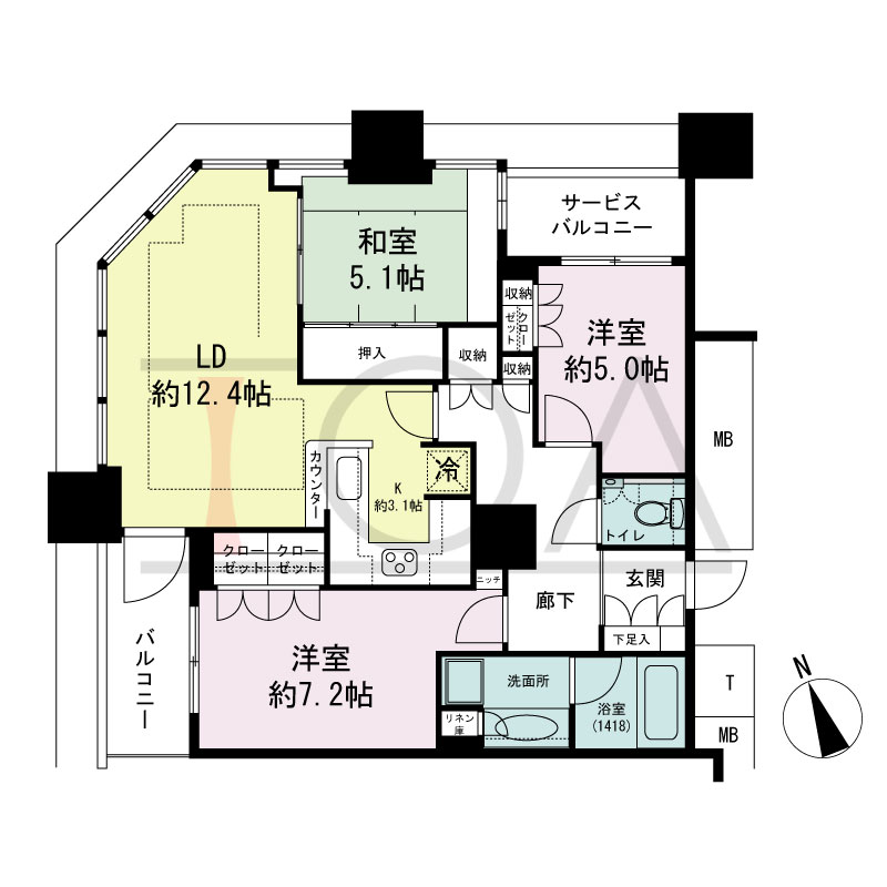 The Kitahama(ザ キタハマ)の間取り図 北西向き角 3LDK 専有面積78.44m2
バルコニー面積4.62m2
サービスバルコニー面積2.67m2