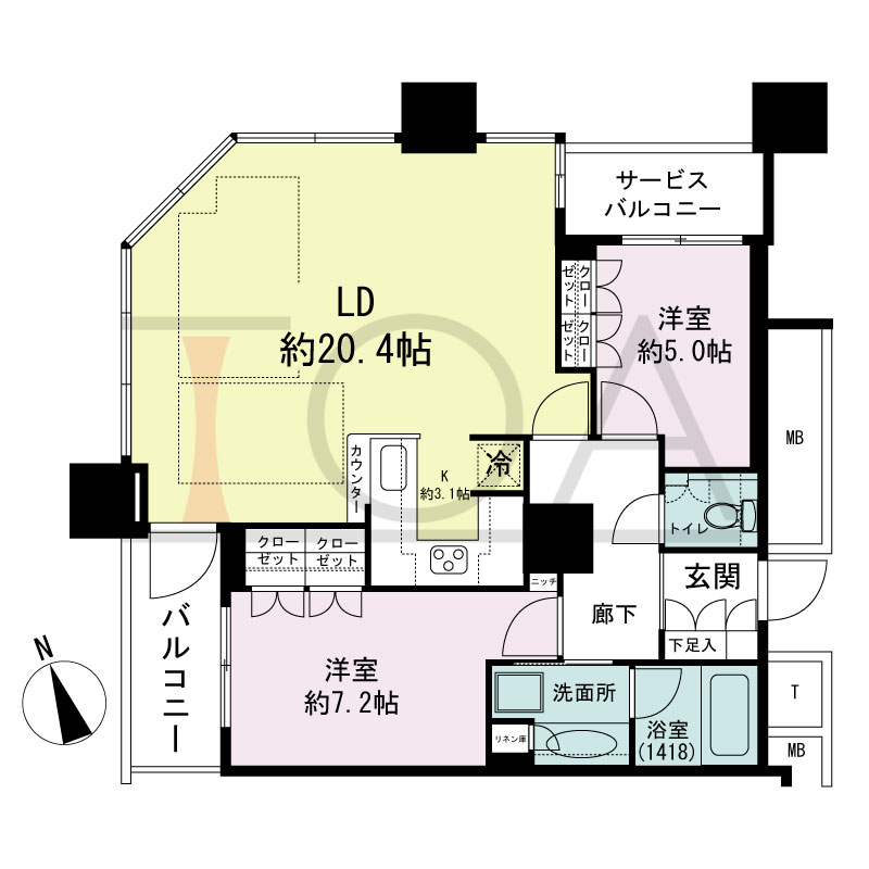 The Kitahama(ザ キタハマ)の間取り図 北西向き角 2LDK 専有面積78.44m2
バルコニー面積4.62m2
サービスバルコニー面積2.67m2