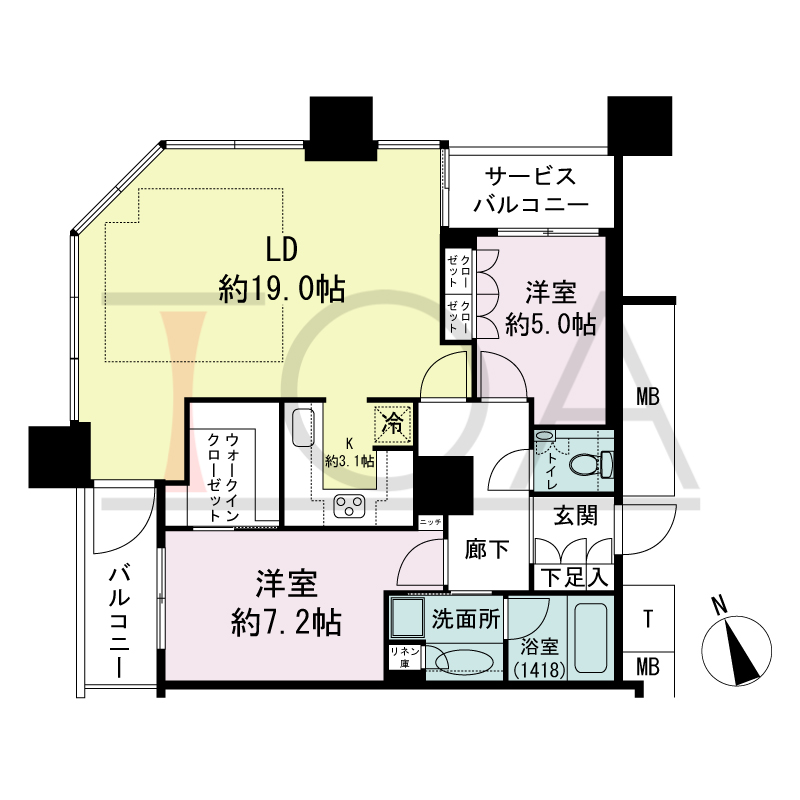 The Kitahama(ザ キタハマ)の間取り図 北西向き角 2LDK 専有面積78.44m2
バルコニー面積4.62m2
サービスバルコニー面積2.67m2