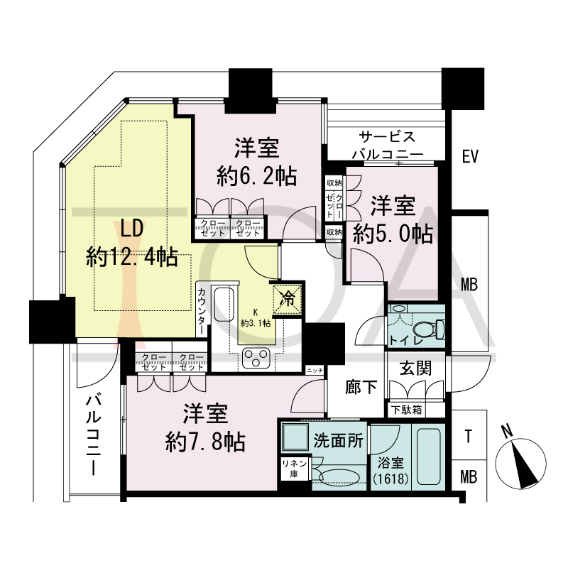 The Kitahama(ザ キタハマ)の間取り図 北西向き角 3LDK 専有面積80.37m2
バルコニー面積4.94m2
サービスバルコニー面積2.67m2