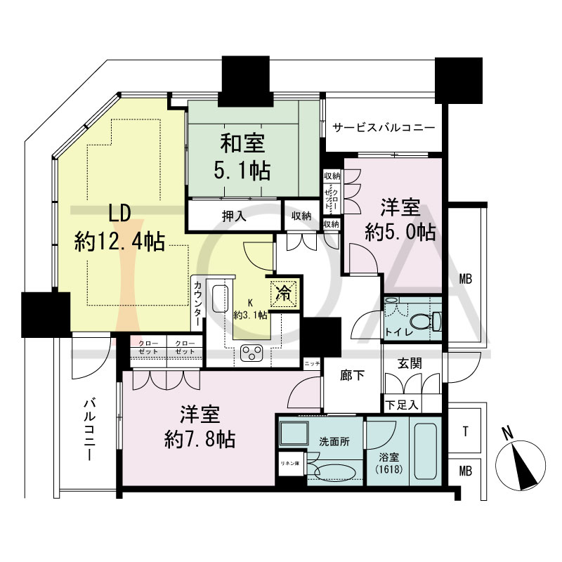 The Kitahama(ザ キタハマ)の間取り図 北西向き角 3LDK 専有面積80.37m2
バルコニー面積4.94m2
サービスバルコニー面積2.67m2