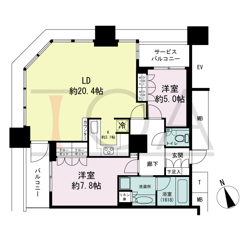 The Kitahama(ザ キタハマ)の間取り図 北西向き角 2LDK 専有面積80.37m2
バルコニー面積4.94m2
サービスバルコニー面積2.67m2