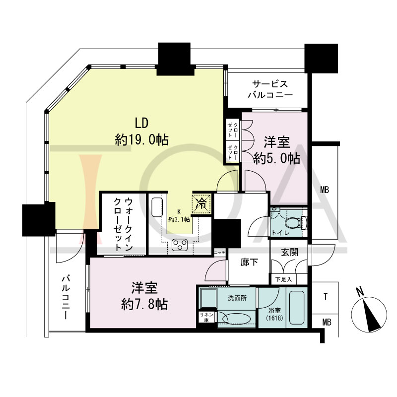 The Kitahama(ザ キタハマ)の間取り図 北西向き角 2LDK 専有面積80.37m2
バルコニー面積4.94m2
サービスバルコニー面積2.67m2