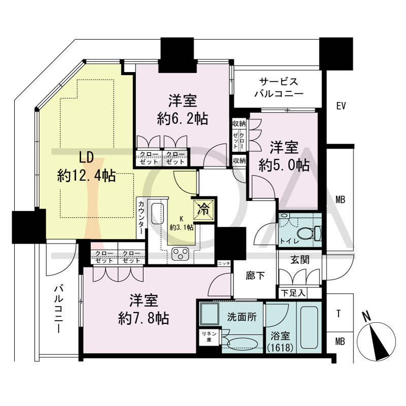 The Kitahama(ザ キタハマ)の間取り図 北西向き角 3LDK 専有面積80.37m2
バルコニー面積4.94m2
サービスバルコニー面積2.67m2