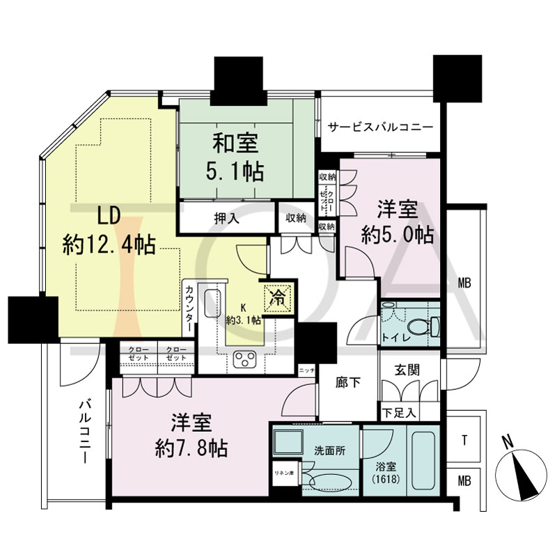 The Kitahama(ザ キタハマ)の間取り図 北西向き角 3LDK 専有面積80.37m2
バルコニー面積4.94m2
サービスバルコニー面積2.67m2
