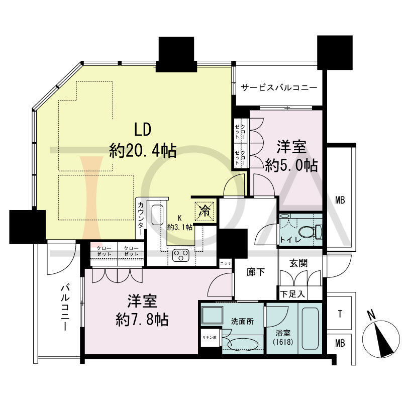 The Kitahama(ザ キタハマ)の間取り図 北西向き角 2LDK 専有面積80.37m2
バルコニー面積4.94m2
サービスバルコニー面積2.67m2