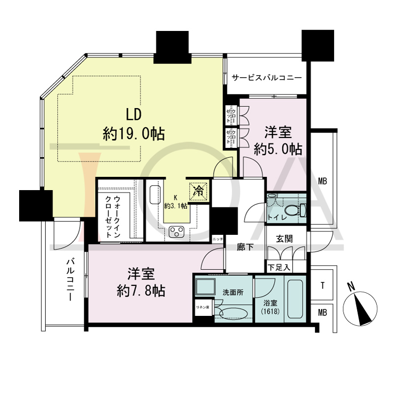 The Kitahama(ザ キタハマ)の間取り図 北西向き角 2LDK 専有面積80.37m2
バルコニー面積4.94m2
サービスバルコニー面積2.67m2