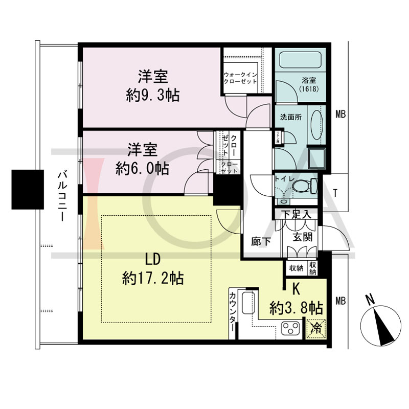 The Kitahama(ザ キタハマ)の間取り図 北西向き 2LDK 専有面積82.17m2
バルコニー面積13.28m2