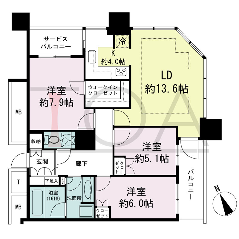 The Kitahama(ザ キタハマ)の間取り図 北東向き角 3LDK 専有面積84.54m2
バルコニー面積5.63m2
サービスバルコニー面積2.67m2