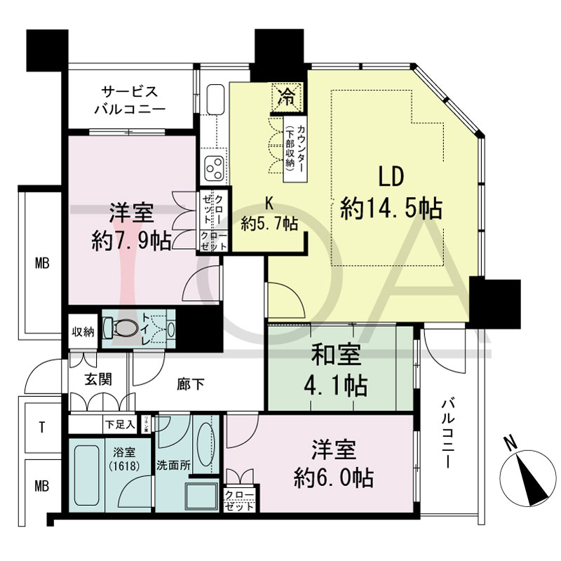The Kitahama(ザ キタハマ)の間取り図 北東向き角 3LDK 専有面積84.54m2
バルコニー面積5.63m2
サービスバルコニー面積2.67m2