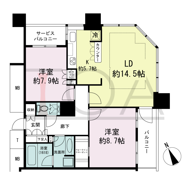 The Kitahama(ザ キタハマ)の間取り図 北東向き角 2LDK 専有面積84.54m2
バルコニー面積5.63m2
サービスバルコニー面積2.67m2