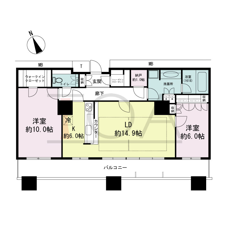 The Kitahama(ザ キタハマ)の間取り図 南西向き 2LDK+Storage room 専有面積88.89m2
バルコニー面積18.42m2