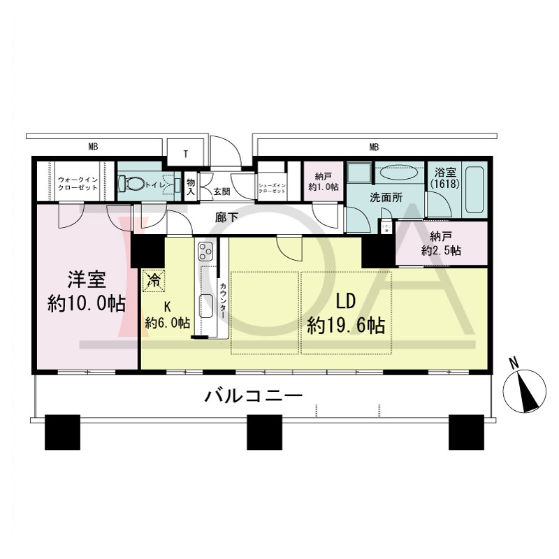 The Kitahama(ザ キタハマ)の間取り図 南西向き 1LDK+Storage room 専有面積88.89m2
バルコニー面積18.42m2