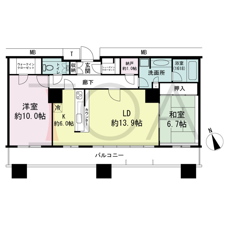 The Kitahama(ザ キタハマ)の間取り図 南西向き 2LDK+Storage room 専有面積88.89m2
バルコニー面積18.42m2